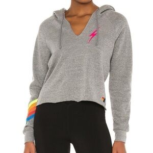 Aviator Nation Gray+Neon Stripe Hoodie With Pink Bolt V Neck